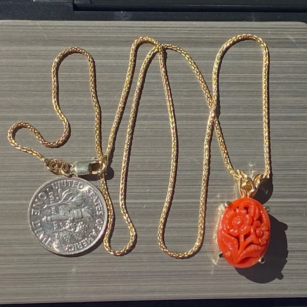 14k Solid Gold Italian Coral Floral Filigree Pendant Necklace 5.19g - Picture 10 of 16